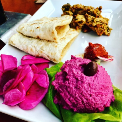 Indian inspired chicken with beet hummus